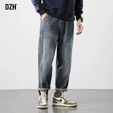 男士蓝色拼接牛仔裤男直筒宽松秋季裤子2023新款休闲长裤百搭男裤商品大图