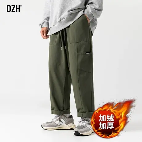 男士直筒军绿色工装加绒运动裤男2023冬季新款港风日系宽松休闲裤商品大图