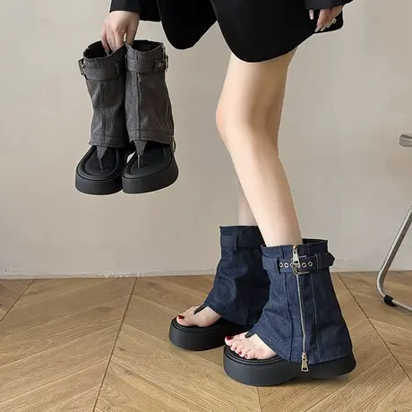 时尚厚底凉鞋女2025年夏季新款外穿气质凉靴子短筒配裙子显瘦鞋子商品大图
