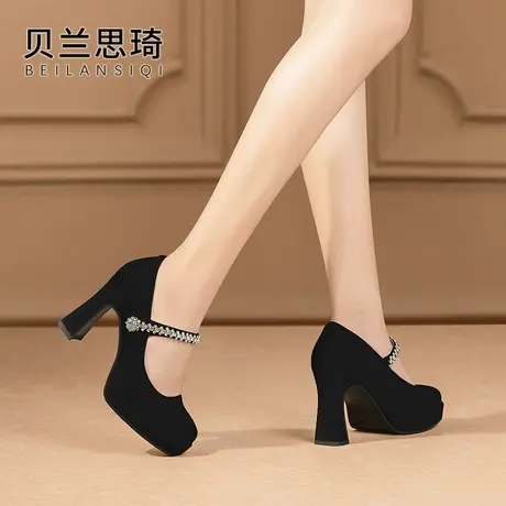 磨砂真皮水钻一字带厚底圆方头粗跟单鞋女2025春秋季防水台高跟鞋图片