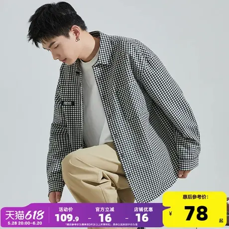 唐狮春季新款长袖格子衬衫男黑白格纹衬衣外套休闲日系外套潮上衣商品大图