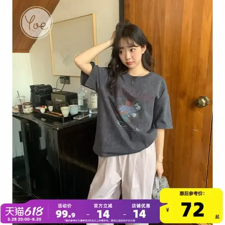 yoe短袖t恤女上衣小个子夏季新款扎染做旧宽松深灰色体恤女装圆领商品大图