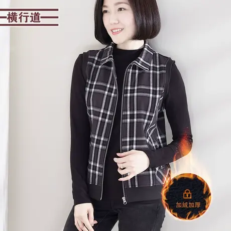 翻领格子加绒马甲2023冬季新款休闲加厚黑白格小外套背心拉链外穿图片
