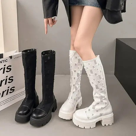 厚底增高长筒靴女2025春季新款时尚百搭小个子过膝靴网面透气凉靴商品大图