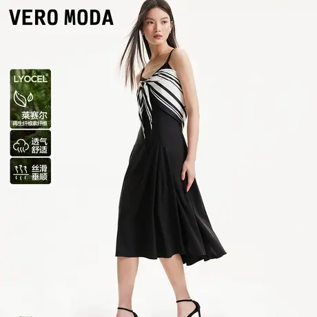 Vero Moda连衣裙绑带装饰小黑裙2024春夏吊带A字V领黑白蝴蝶结图片