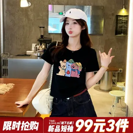 2025夏季新款宽松显瘦黑色短款t恤女设计感卡通印花纯棉半袖上衣图片