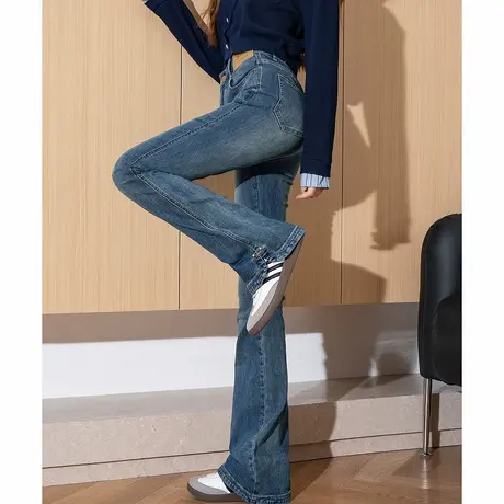 唐狮春季新款牛仔裤女高腰紧身小开叉修身显瘦时尚喇叭裤马蹄裤商品大图