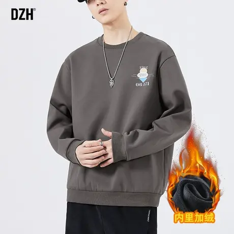 男士圆领卫衣男冬季加绒加厚日系长袖内搭发泡印花外套2023年新款商品大图