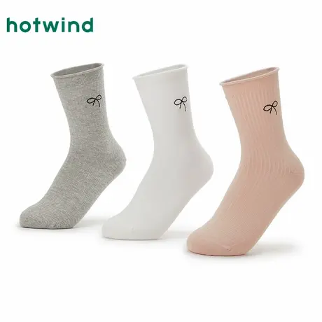 热风2024年春季新款女士蝴蝶结刺绣中帮袜简约百搭舒适女袜子商品大图