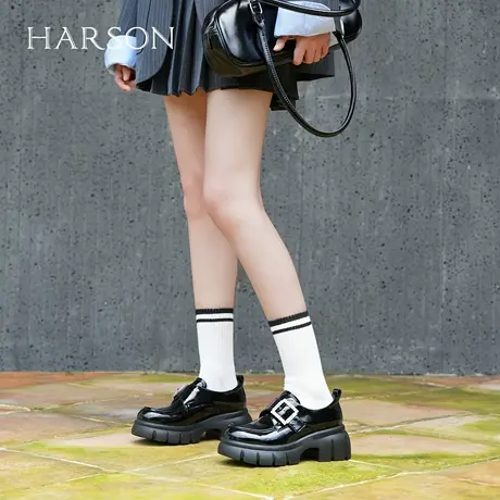 哈森时尚扣饰乐福鞋女2025秋季新款百搭魔术贴增高单鞋HWL250147商品大图