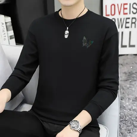 重磅纯棉黑色卫衣男2023新款秋冬加绒摇粒绒圆领无帽印花长袖t恤商品大图