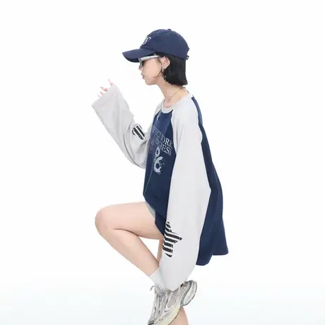 美式复古撞色印花插肩袖长袖T恤女春秋新款宽松休闲情侣款打底衫商品大图
