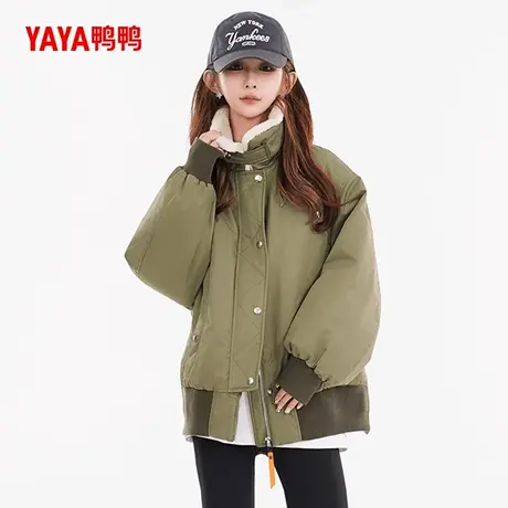 鸭鸭羽绒服女士2025冬季新品中长款立领潮流军绿保暖加厚鸭绒外套商品大图