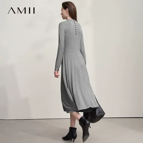 Amii2025秋新款极简优雅知性弹力直筒收腰长袖中长A摆连衣裙图片