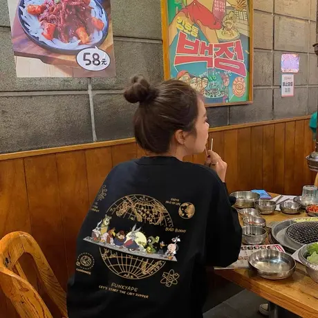 2025新款黑色卫衣女早秋薄款韩系慵懒风宽松秋冬加绒圆领上衣无帽商品大图