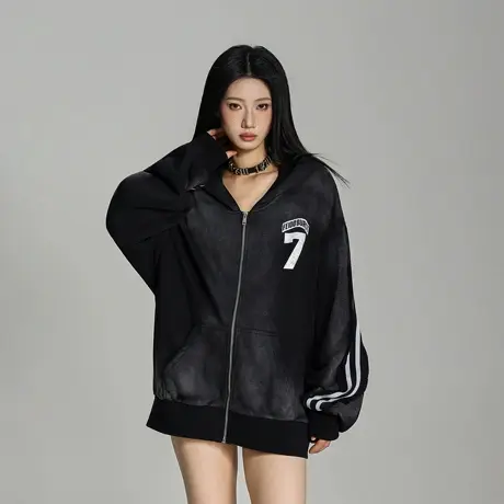 美式街头风条纹拼接印花连帽拉链开衫卫衣女春秋新款水洗做旧外套商品大图