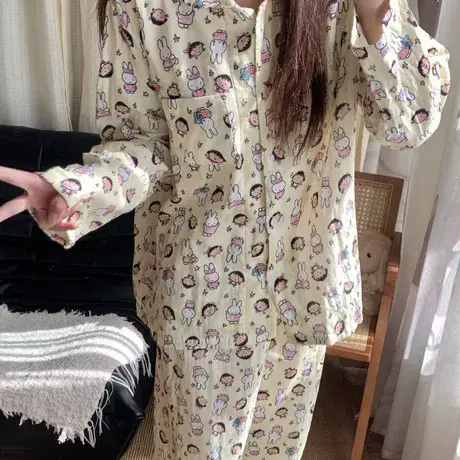 奶黄米菲兔~翻领长袖长裤全棉双层纱布A类女士睡衣宽松家居服套装商品大图