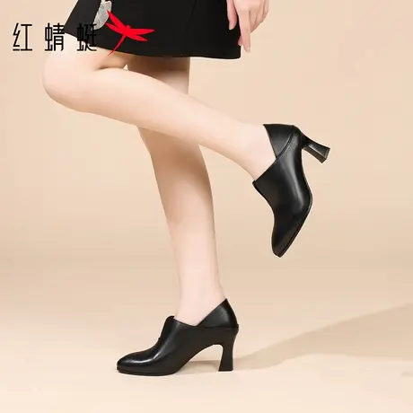 红蜻蜓女鞋秋季新款鞋子女士粗跟高跟鞋女妈妈鞋窝窝头真皮不累脚图片