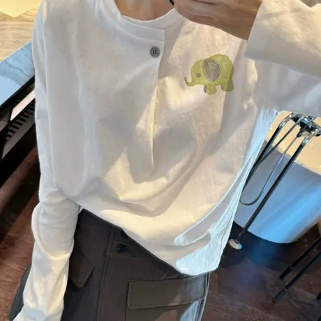 小个子设计感白色小象T恤女秋2025新款复古独特别致大码宽松上衣商品大图