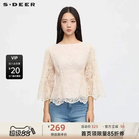 sdeer圣迪奥女装25新品复古圆领镂空绣花喇叭袖上衣S253Z3205商品大图