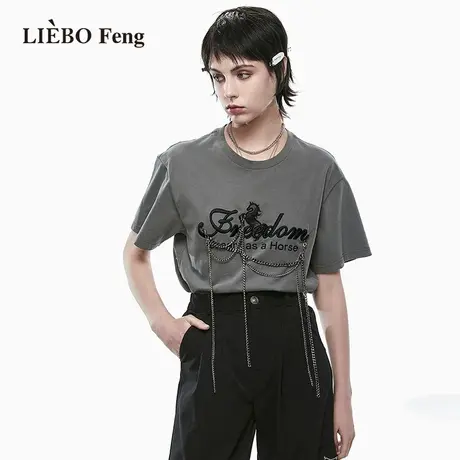 裂帛LIEBOFeng小众设计感高街时髦灰色立体朋克链条百搭短袖T恤女商品大图