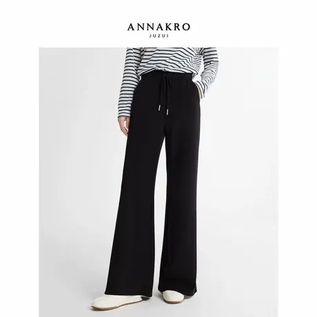 玖姿安娜蔻休闲呼吸感简约风抽绳松紧腰直筒裤长裤女2026春季新款商品大图