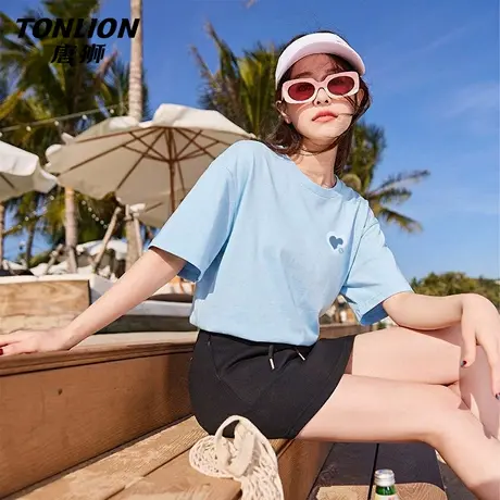 唐狮官方蓝色纯棉短袖t恤女2026新款夏季女士宽松显瘦半袖上衣VB商品大图