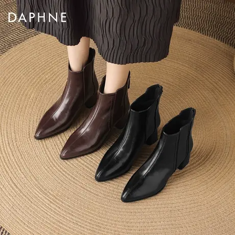 达芙妮粗跟短靴女2026新款冬季加绒英伦风马丁靴尖头高跟瘦瘦靴子商品大图