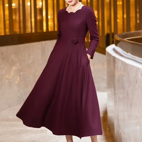 喜婆婆婚宴装连衣裙女秋冬2023新款气质端庄修身显瘦长袖毛呢裙子图片