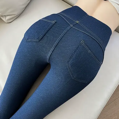 蓝色外穿打底裤女冬季紧身高腰收腹提臀瑜伽弹力加绒加厚小脚靴裤图片