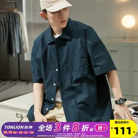 唐狮2022夏季新款格子衬衫男复古短袖衬衫男宽松休闲男士衬衣潮流商品大图