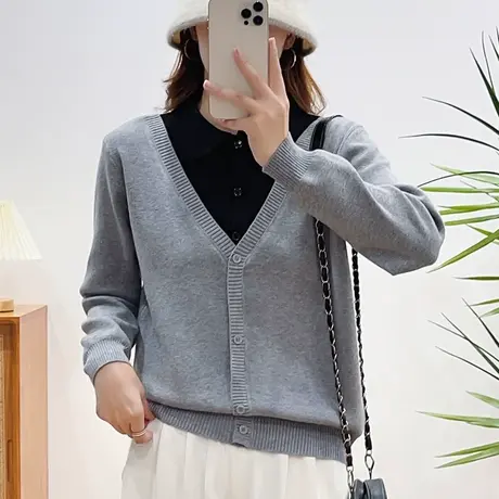 拼色假两件Polo领针织开衫外套上衣2023秋冬新款叠穿百搭毛衣女装图片