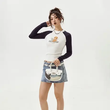 YEP拼接插肩袖短款长袖T恤女秋冬打底衫2023新款美式辣妹内搭上衣商品大图