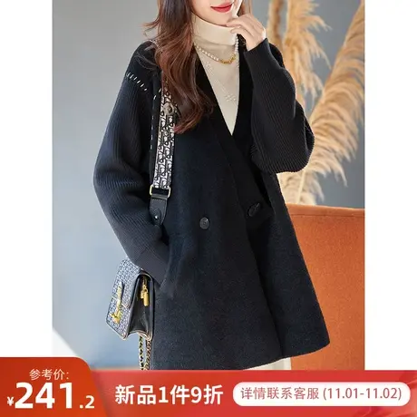 宝诗黎V领一粒扣针织开衫女中长宽松慵懒腰带外套2023秋冬季新款商品大图