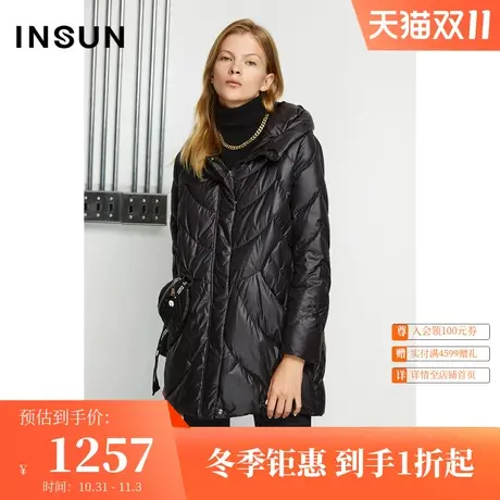 恩裳2021冬季时尚条纹宽松加厚连帽羽绒服女白鸭绒中长款商品大图