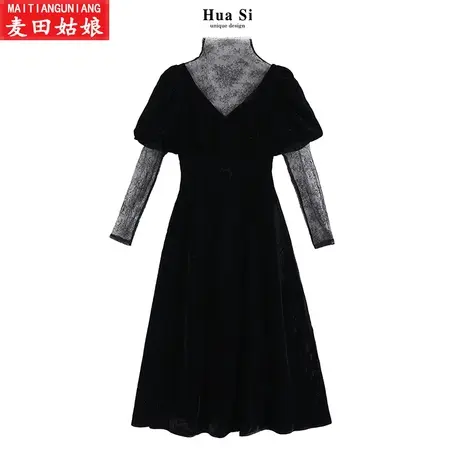2023年新款复古法式茶歇丝绒连衣裙拼接蕾丝小黑裙女晚礼服高级感图片