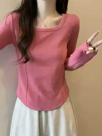 双面德绒白色掐腰打底衫女内搭秋冬不规则磨毛加厚鱼骨长袖t恤ins商品大图