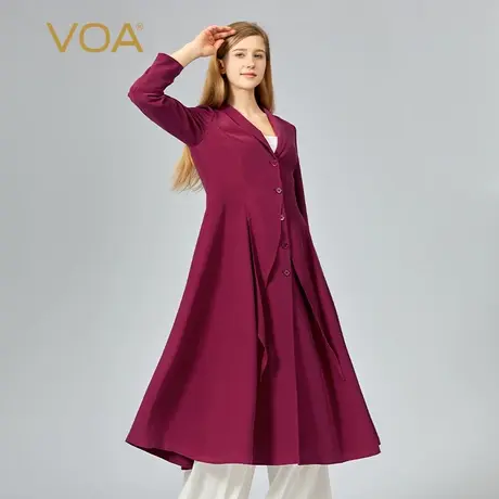 VOA40姆米鬼纡桑蚕丝枣红色西装领长袖活页单排扣中长款真丝外套图片