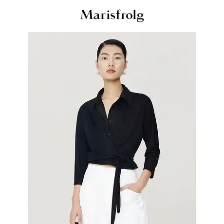 【6A级桑蚕丝】玛丝菲尔夏季新款截短式黑色九分袖衬衫女商品大图