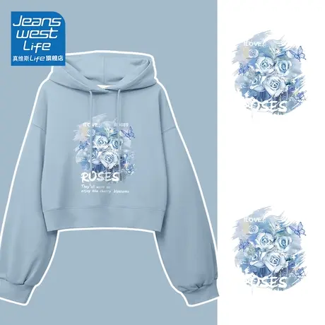 真维斯LIFE蓝色短款连帽卫衣女2023新款春秋薄款设计感小个子外套商品大图