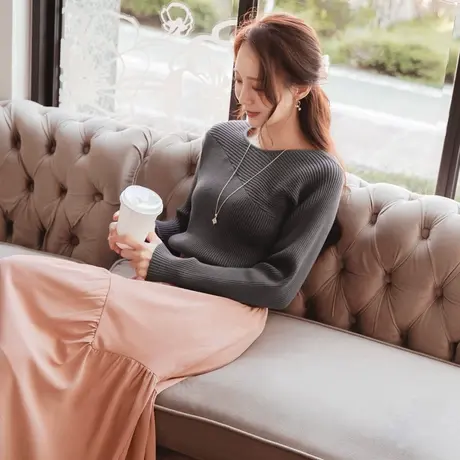 桔熊秋冬季保暖圆领坑条包芯纱针织衫修身拼接上衣女大码FA2438图片