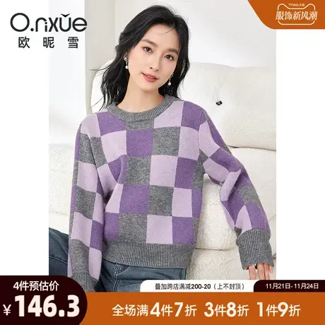 欧昵雪2023冬季新款休闲圆领格子加厚毛衣女长袖宽松慵懒套头上衣商品大图