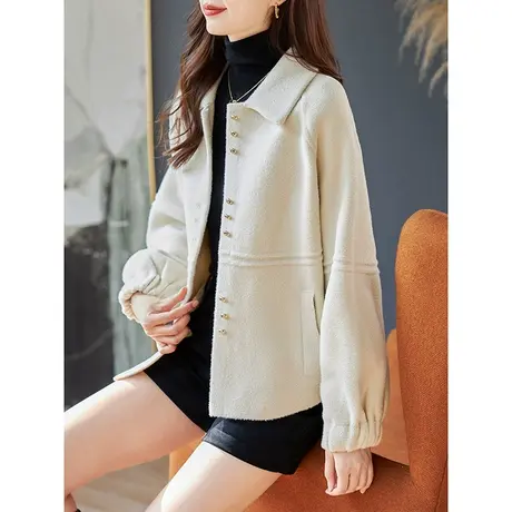 宝诗黎翻领宽松纯色针织短外套2023秋冬季新款单排扣开衫上衣女装商品大图