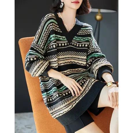 宝诗黎V领条纹宽松慵懒毛衣女春秋季长袖复古针织衫上衣2024新款商品大图