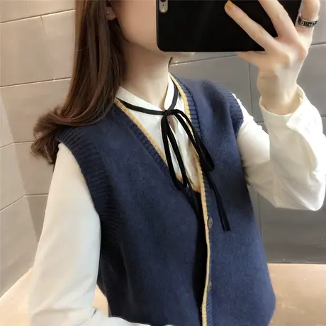2023春装韩版针织背心马甲坎肩V领斜扣时尚洋气百搭套头无袖女装商品大图