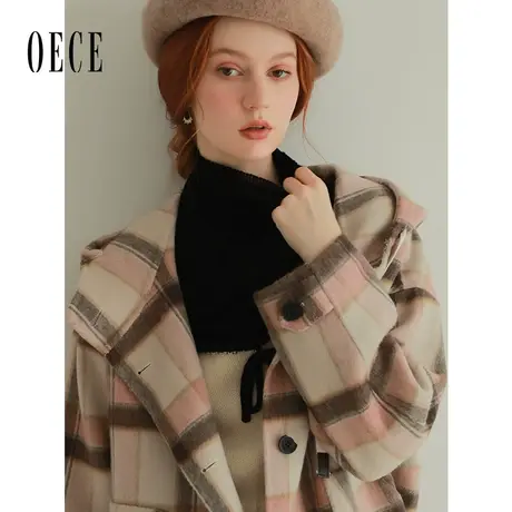 Oece复古格纹呢大衣女2023秋冬季新款女装连帽中长款呢子外套图片
