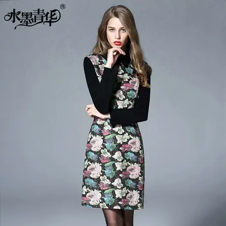 【1件7.9折】冬装新品毛呢裙通勤OL金丝复古印花针织呢连衣裙图片