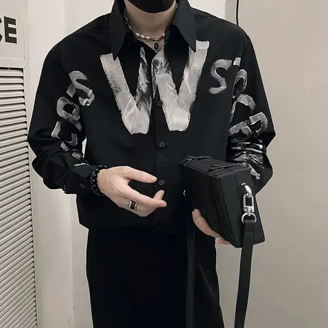 秋季新款男装上衣美式高街长袖衬衫涂鸦印花潮牌小众宽松痞帅衬衣商品大图