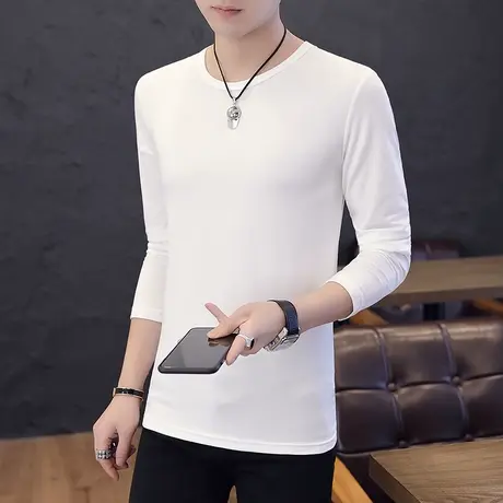 牛奶丝白色长袖t恤男春秋季新款潮牌修身上衣体恤T男士内搭打底衫商品大图