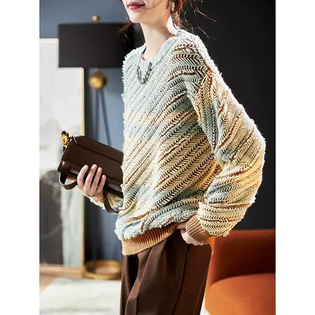 宝诗黎圆领宽松条纹羊毛衫女落肩慵懒毛衣2023秋冬新款长袖针织衫商品大图